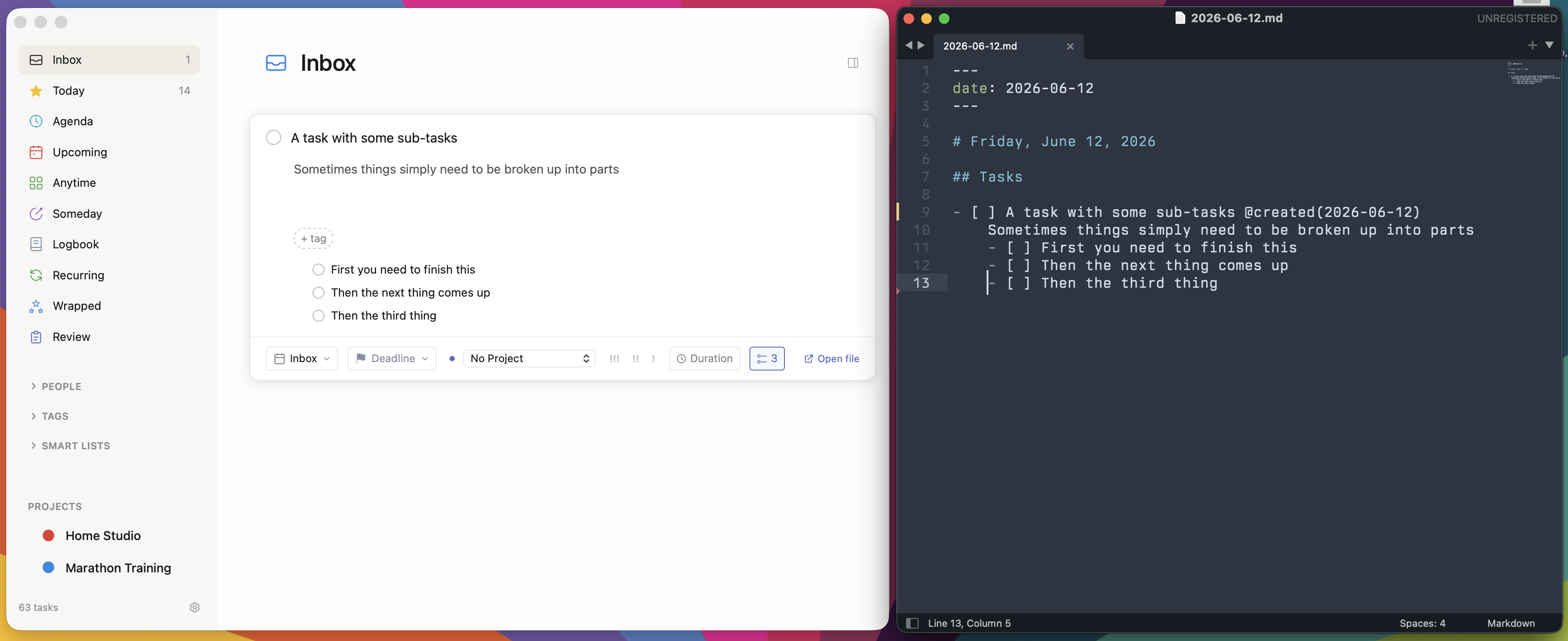 The same task in Annado and in the raw markdown file