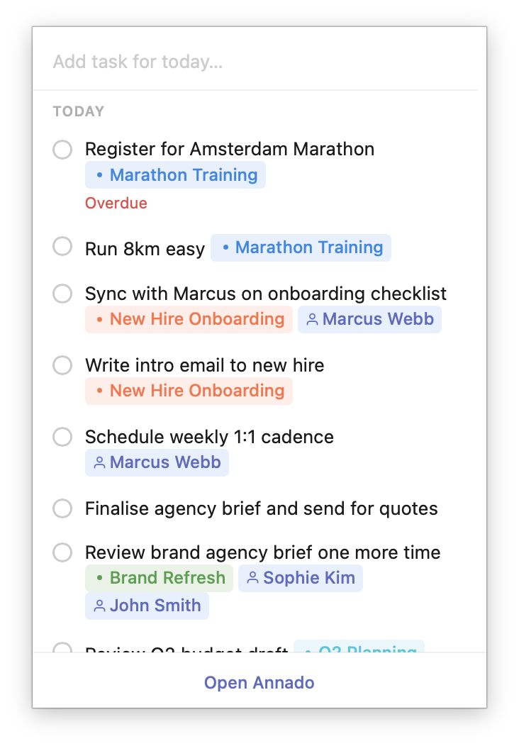 Menu bar quick task panel