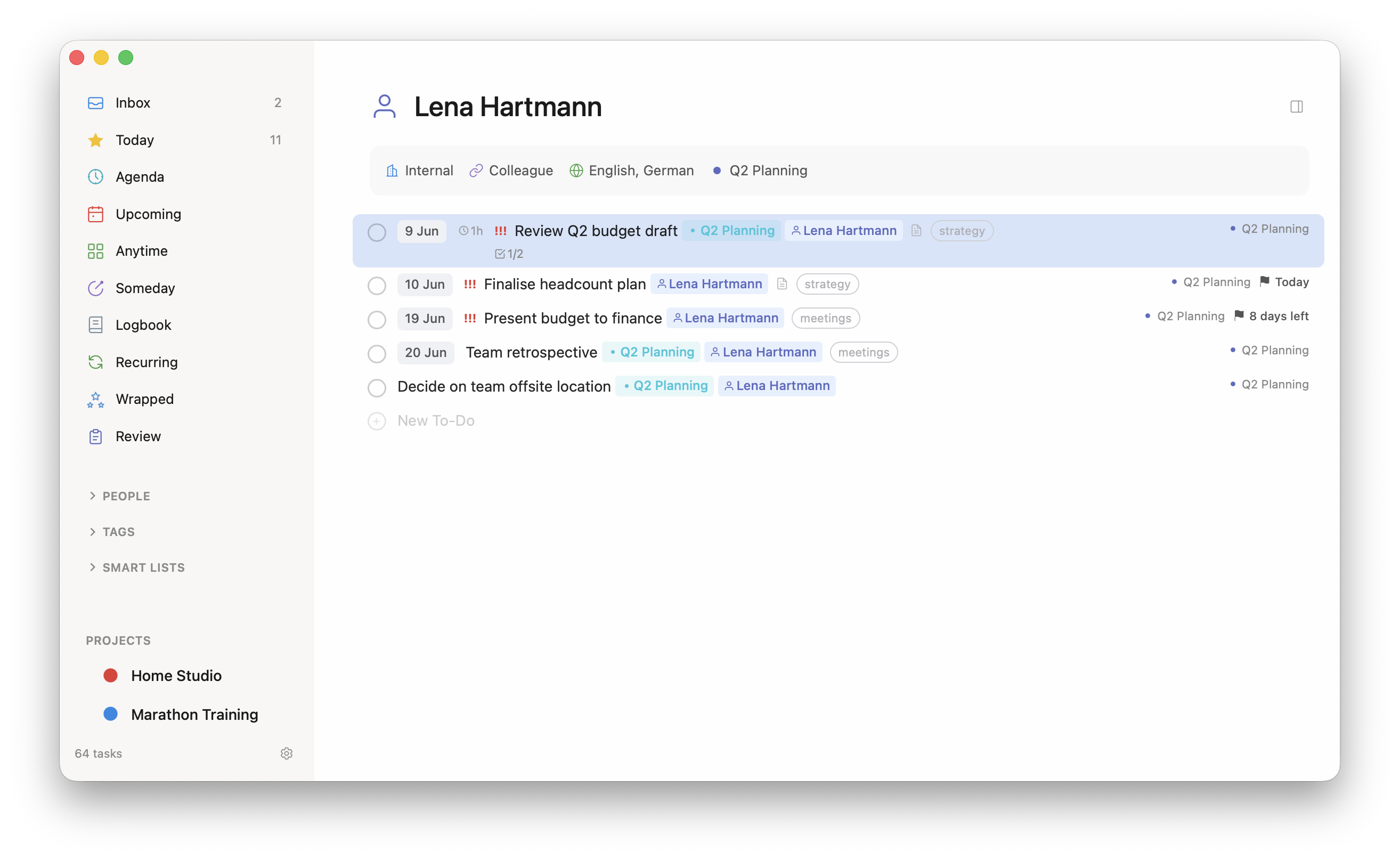 Person page with metadata and linked tasks