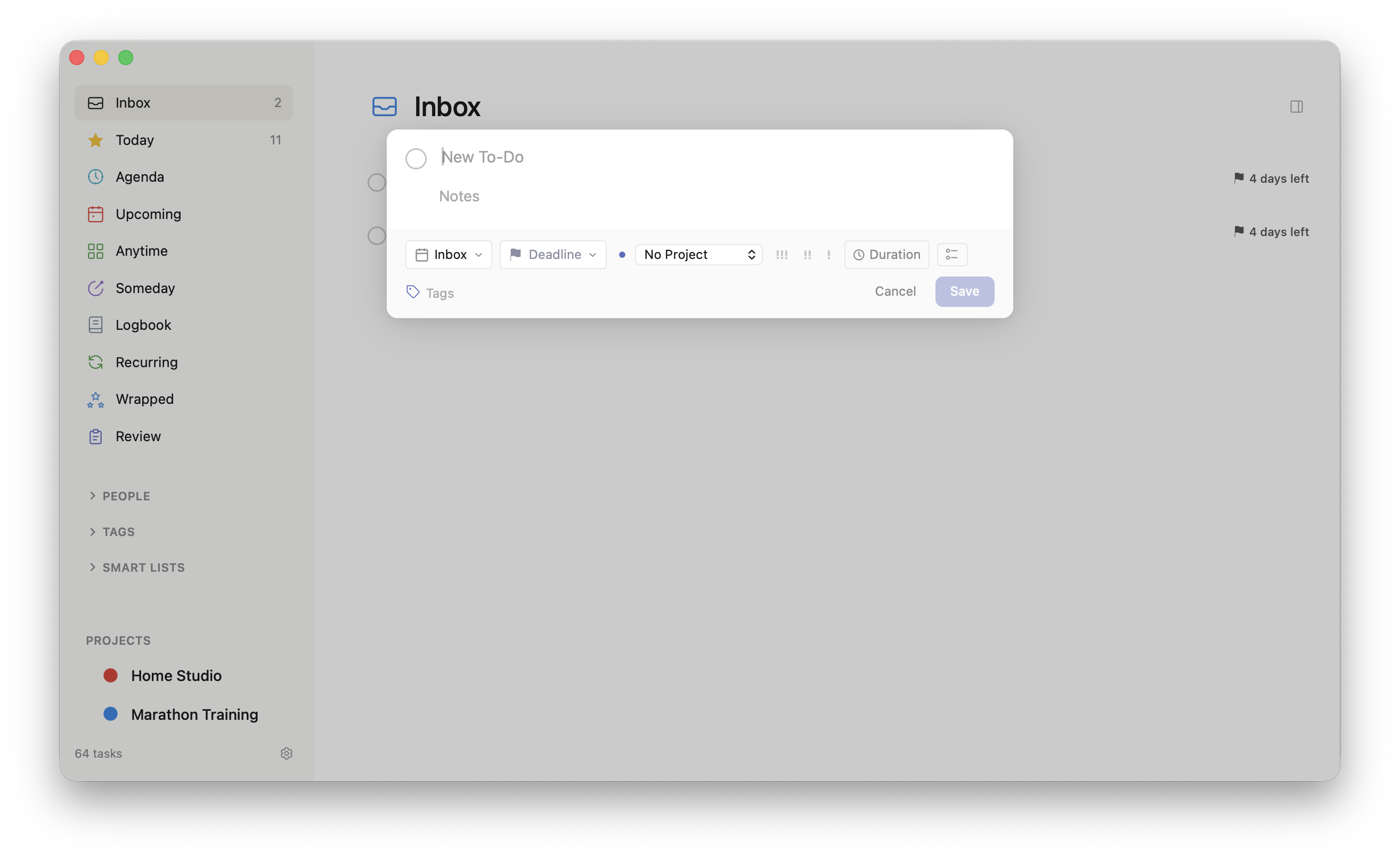 Quick Add with scheduling, project, priority, and duration controls