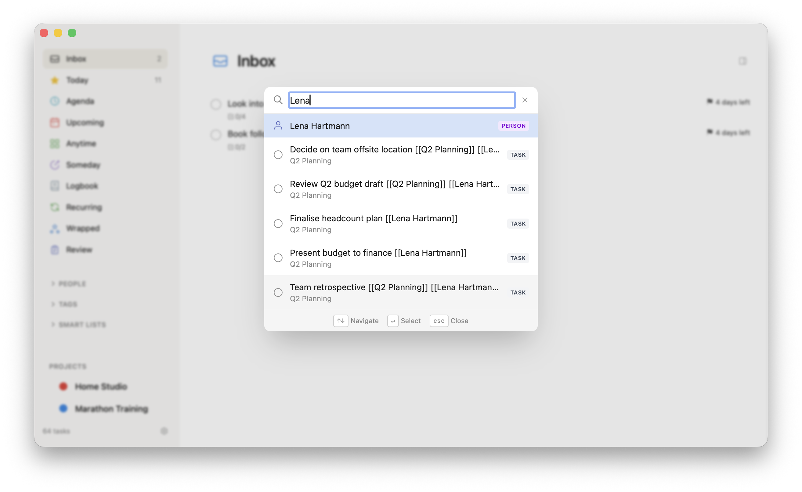 Quick Find searching across tasks and people