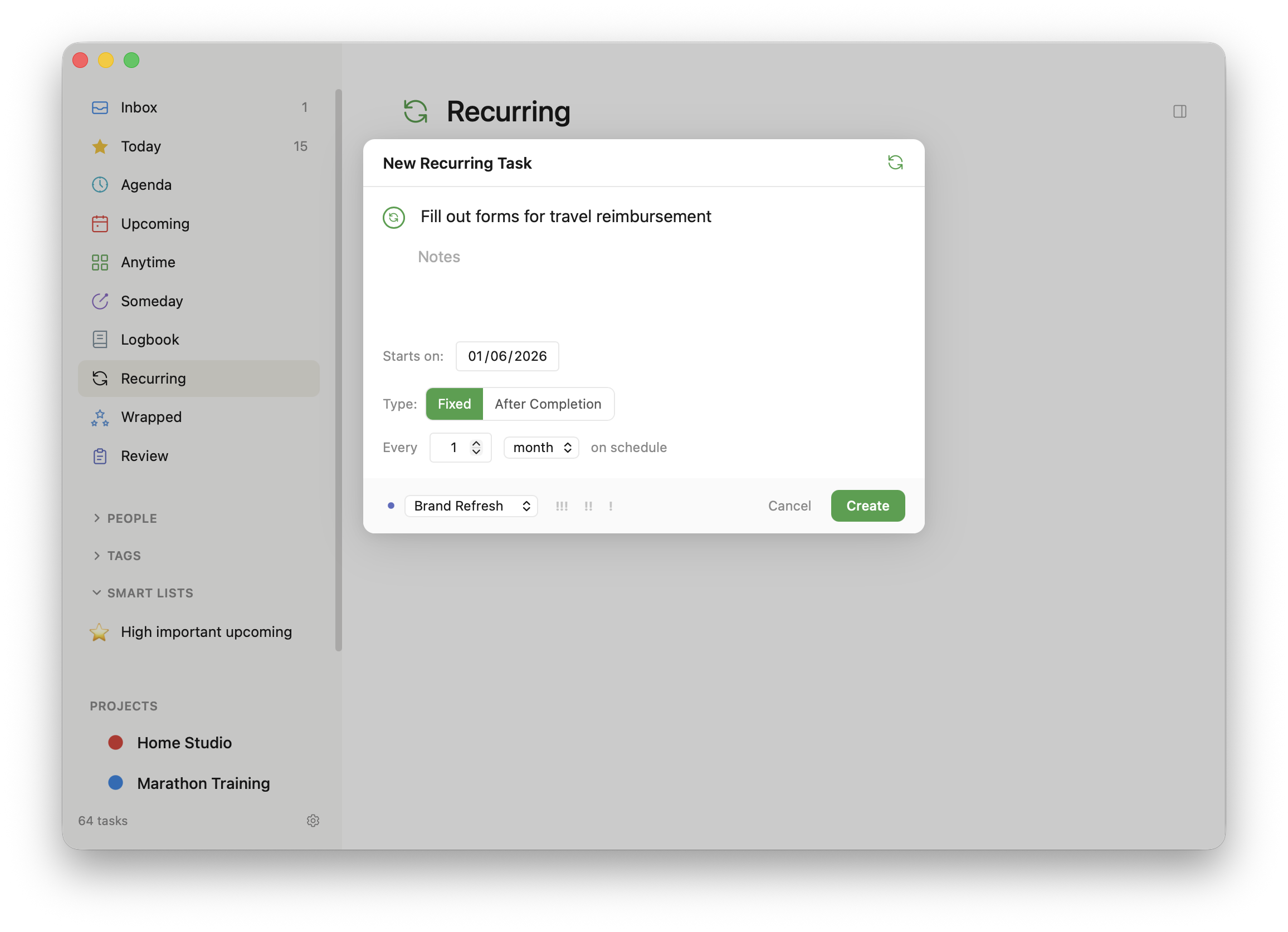 Recurring task editor with fixed-interval and after-completion modes