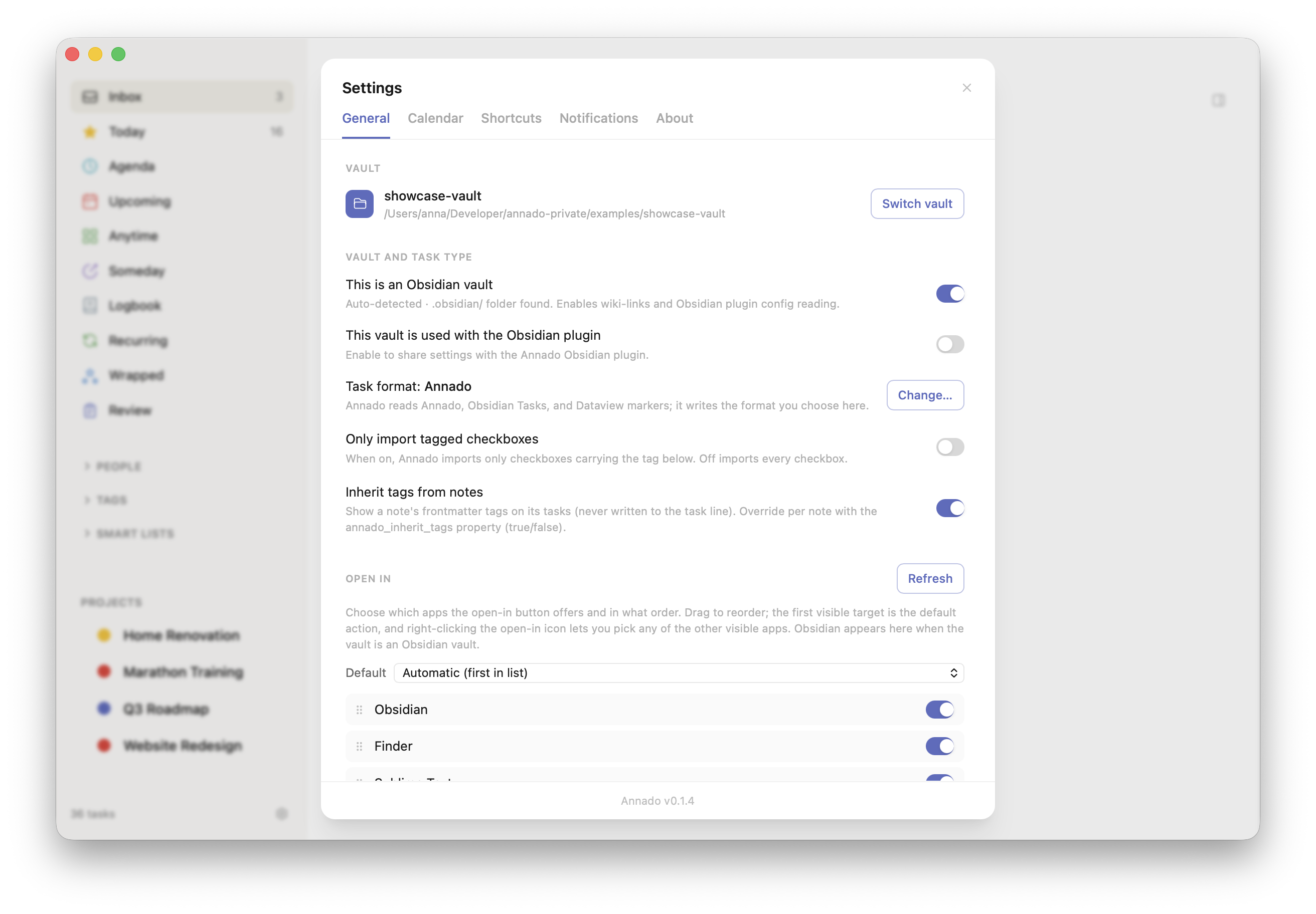 Settings — General with the Obsidian plugin toggle