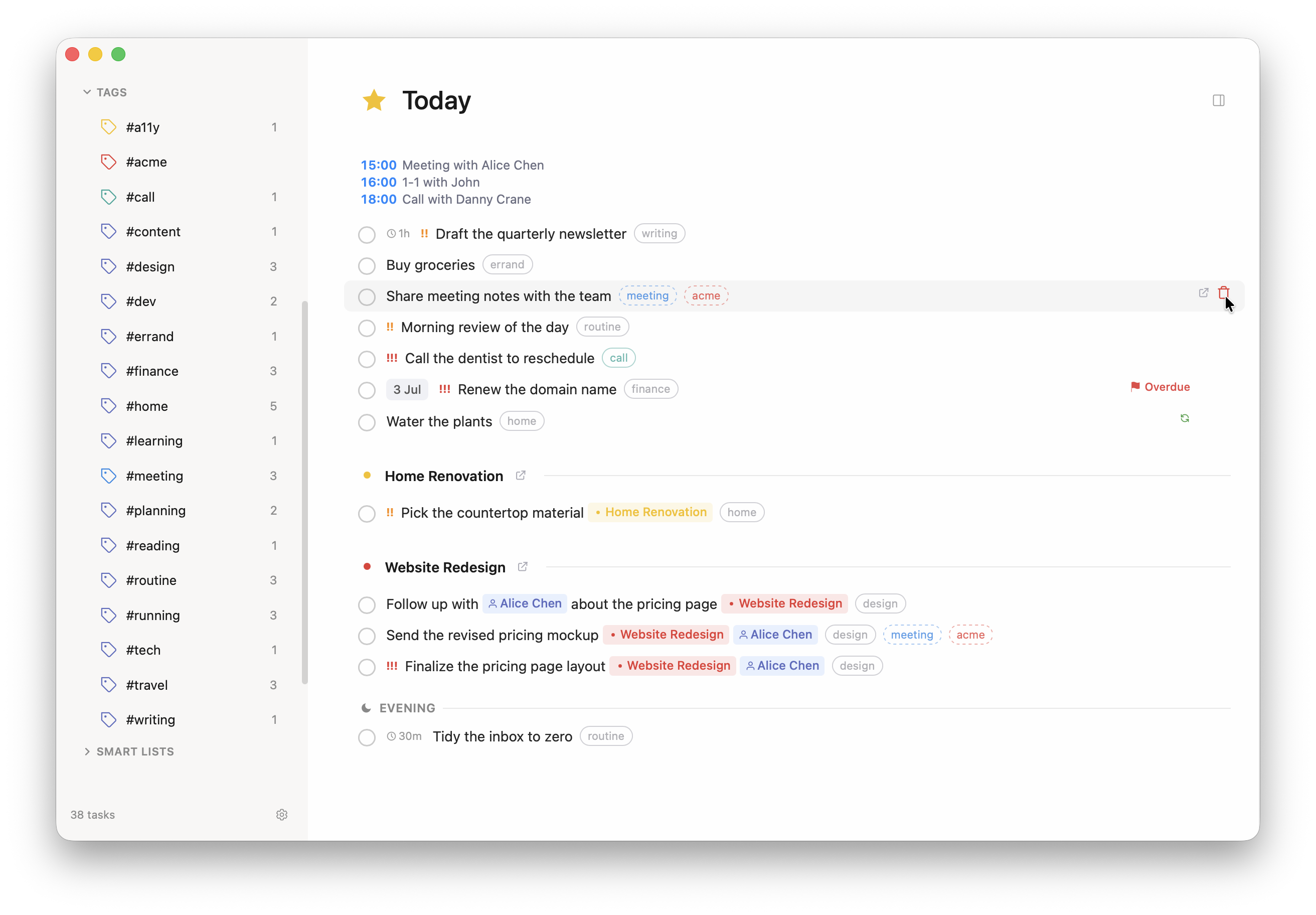 Hovering a task row reveals its open-in and delete buttons