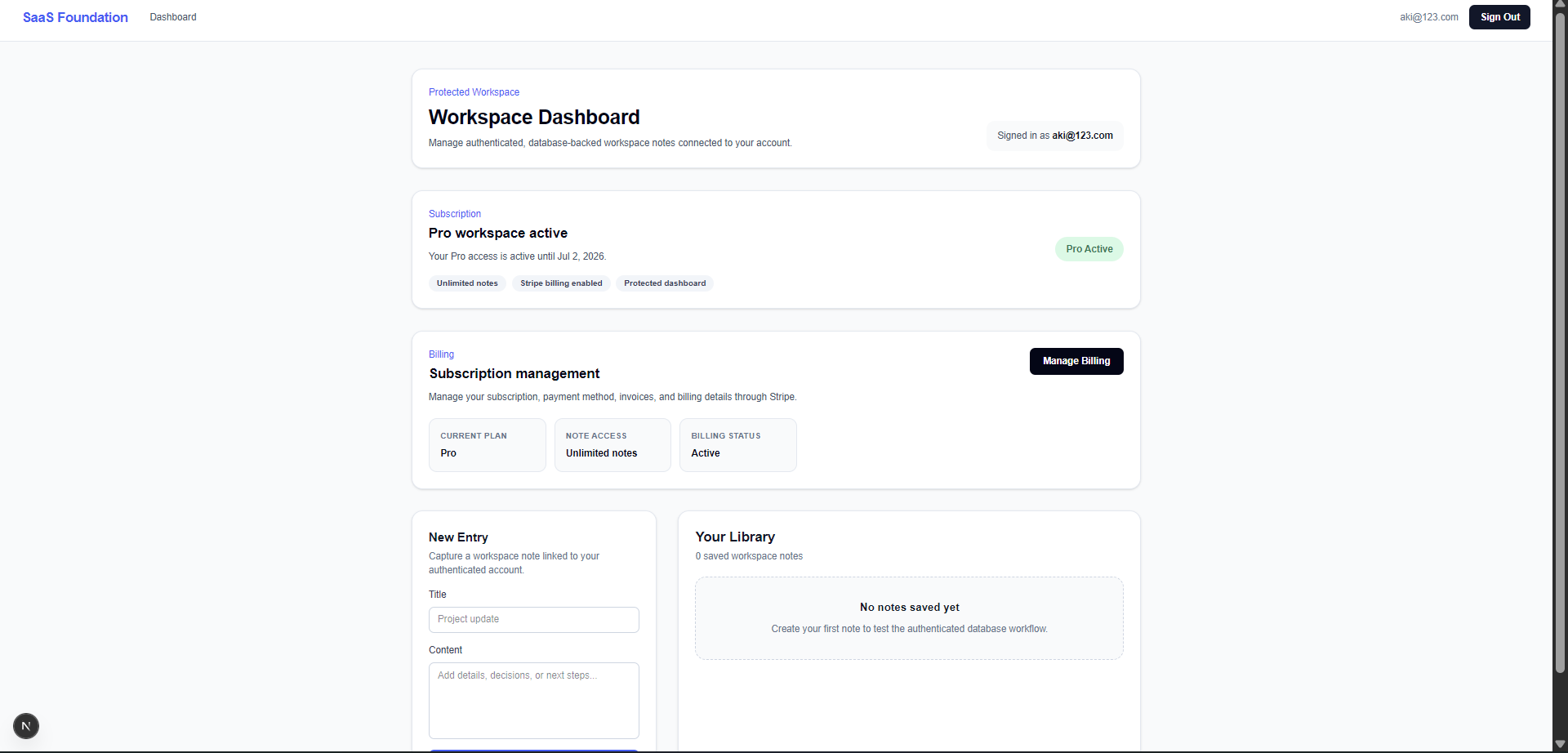 SaaS Foundation authenticated Pro workspace and billing view