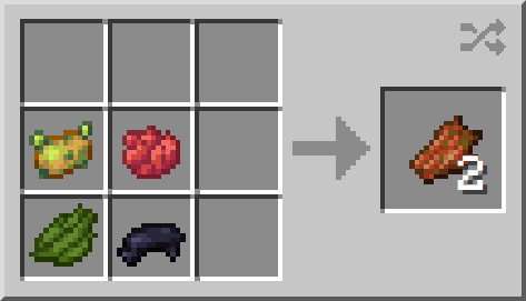 Crafting table: shapeless: poisonous potato, red dye, green dye, black dye -> 2 rotten flesh