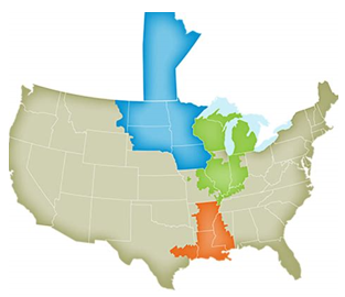 Map of MISO's reliability regions: North (blue), Central (green), and South (orange)