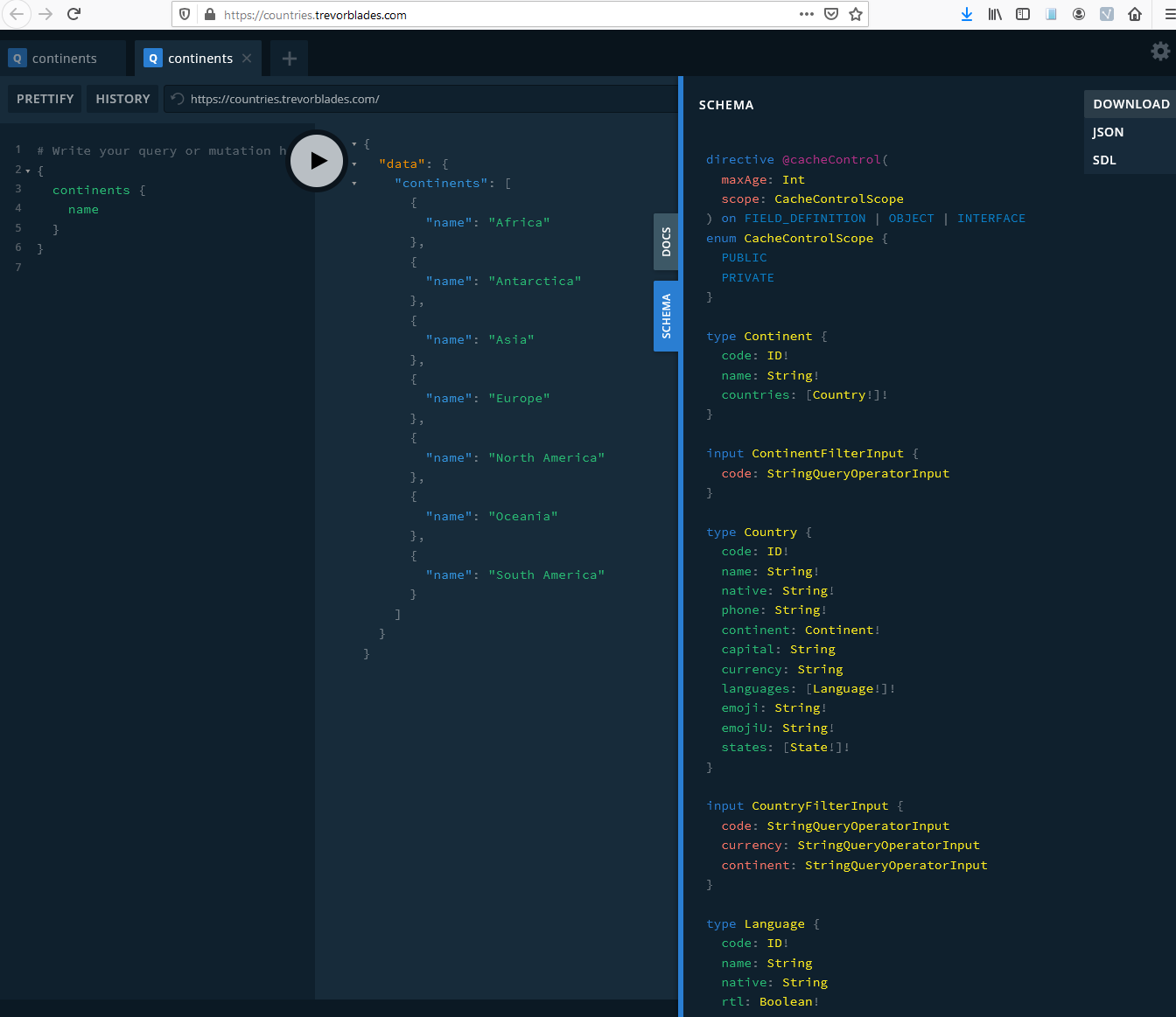 Continents and countries GraphQL API