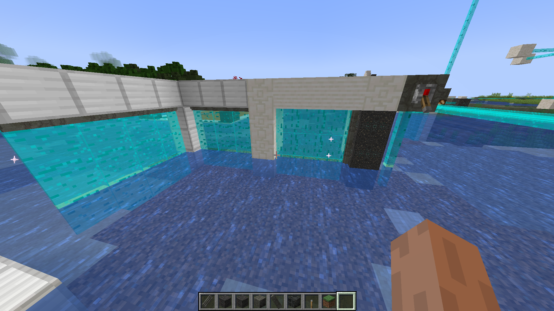 Hard light barriers forming walls over the water
