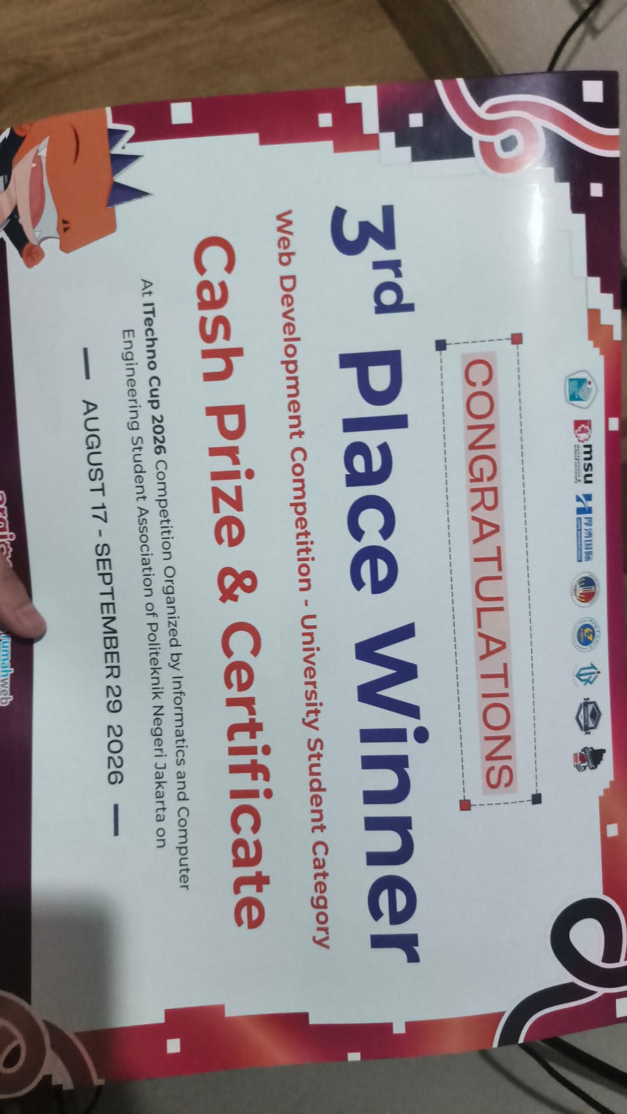 Foto detail papan penghargaan 3rd Place Winner Web Development ITechno Cup 2026
