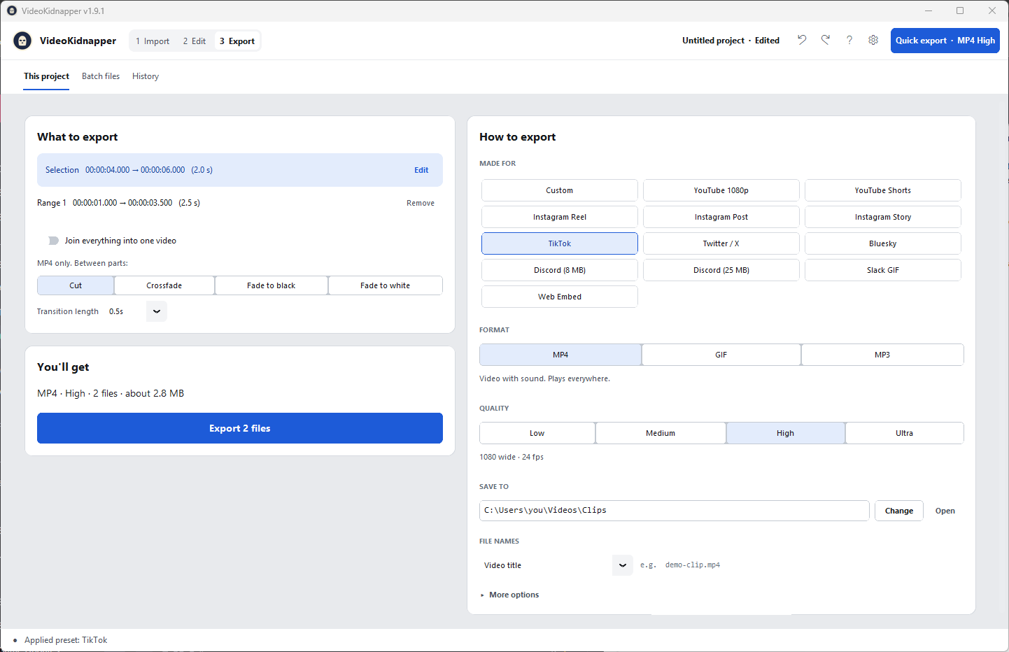 The Export workspace with platform presets, format, and quality