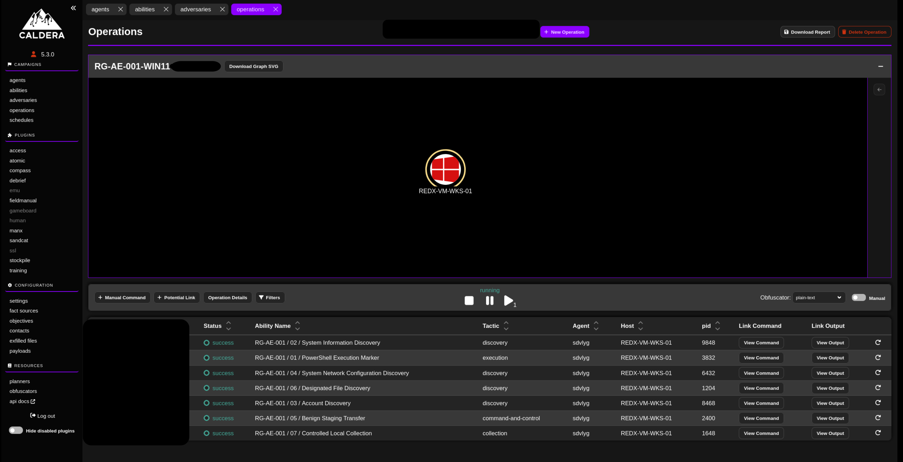 CALDERA operations page for the RG-AE-001-WIN11 operation showing a results table of seven completed ability steps with tactic, agent, host, and pid columns.