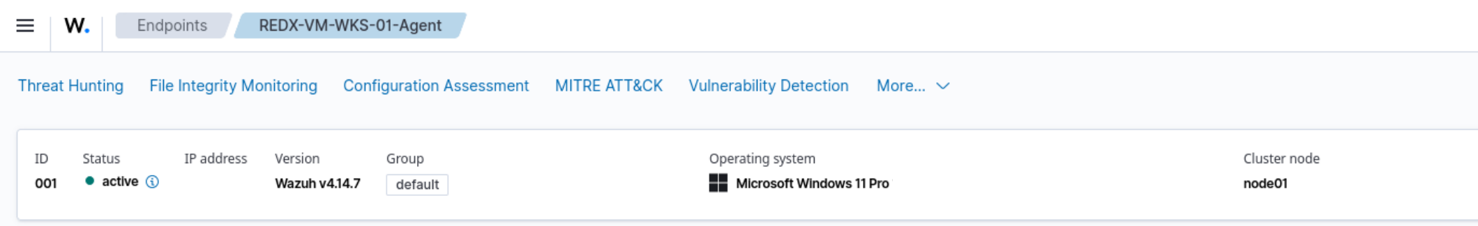 Wazuh endpoints view showing one registered agent row with ID, active status, empty IP field, agent version, default group, Windows 11 Pro operating system, and cluster node.