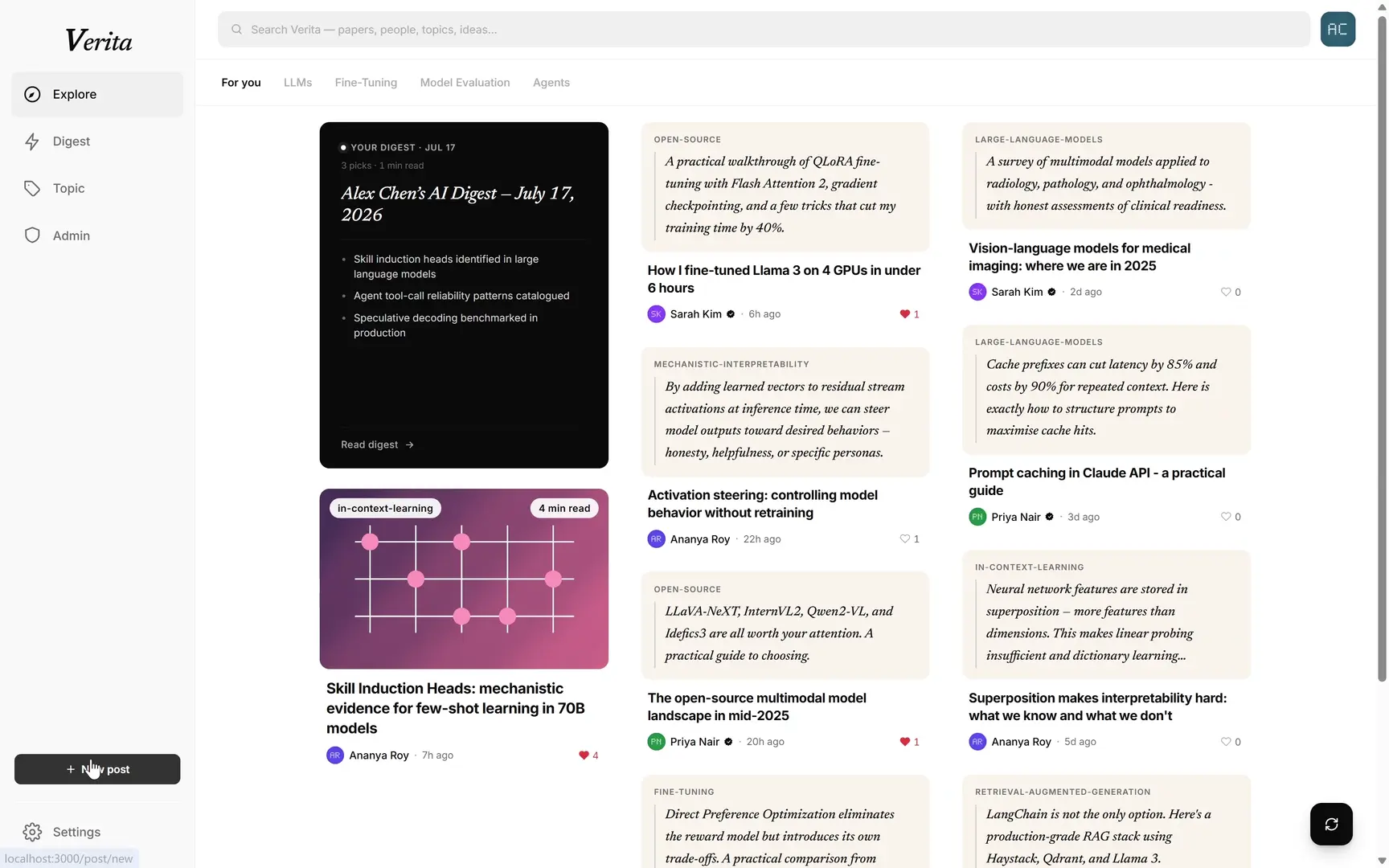 Writing a post in Markdown with a live preview rendering headings, lists, and KaTeX math, then adding a source and tags and publishing it.