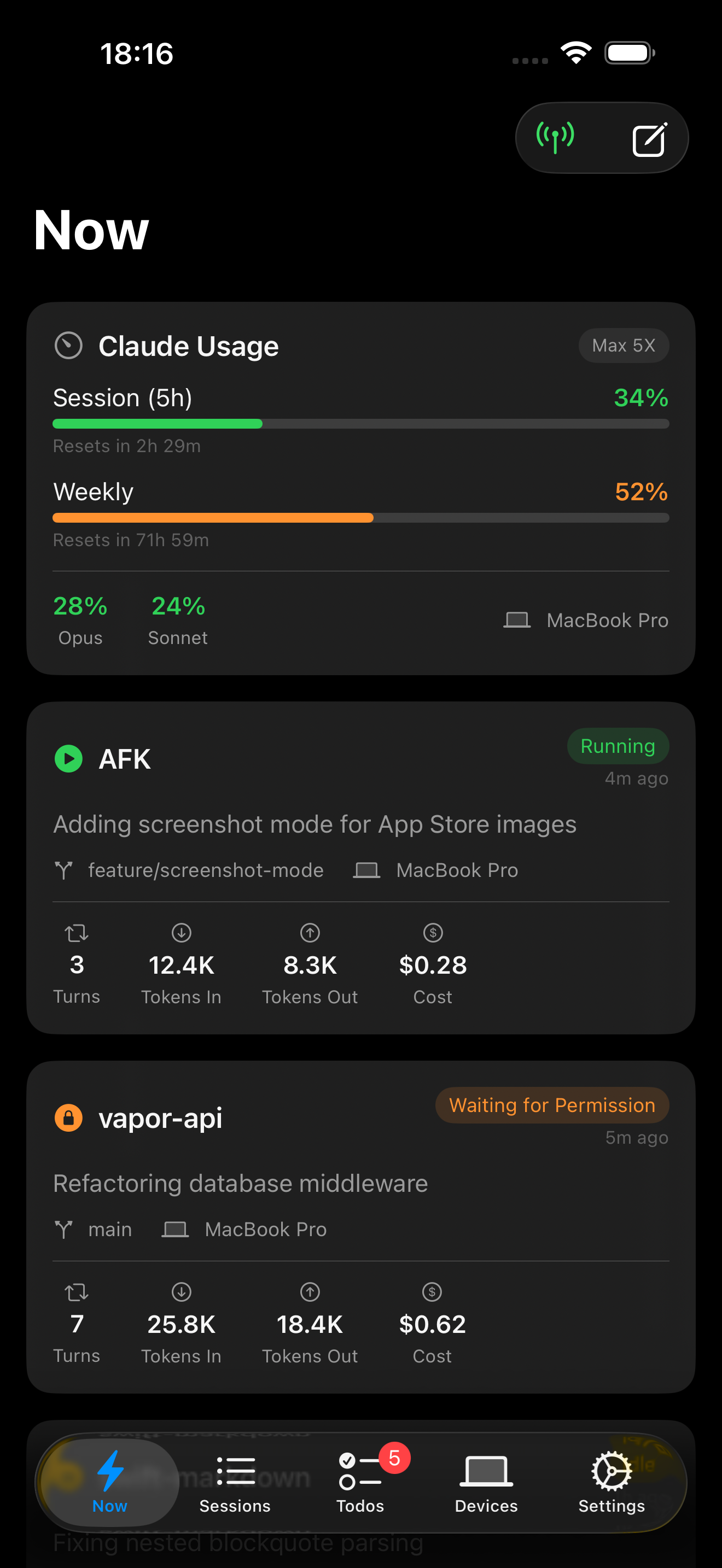 Now — live usage and session overview