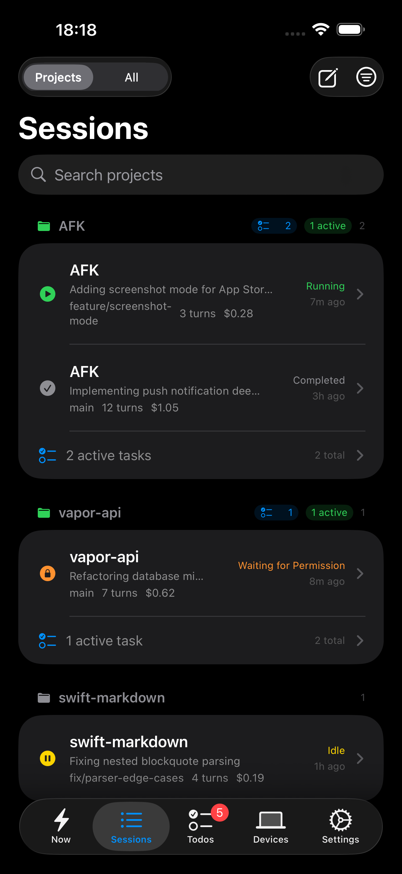 Sessions — project-grouped session list
