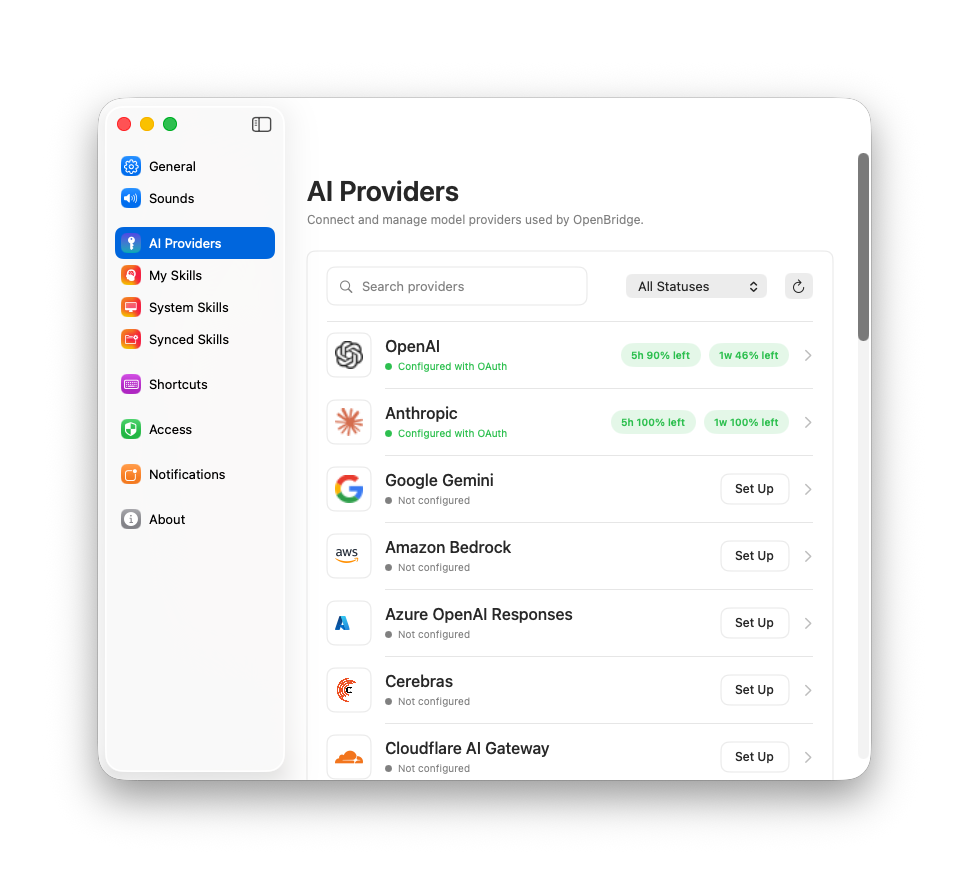 OpenBridge AI provider subscription settings