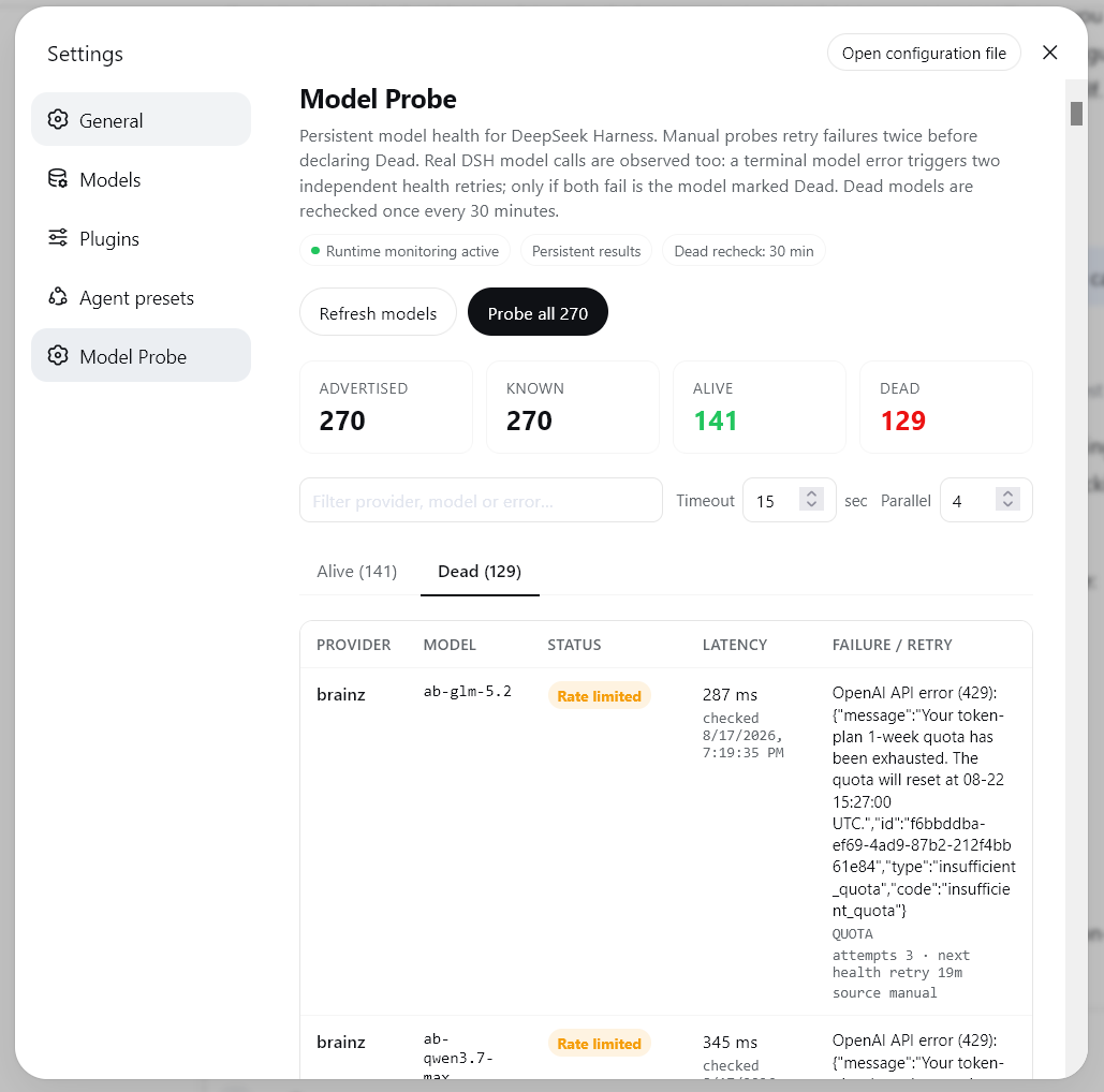 DSH Model Probe — Dead models and retry diagnostics
