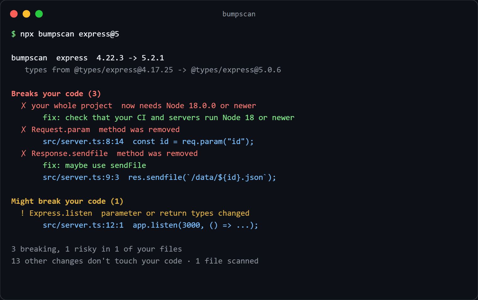 bumpscan finding two removed express methods, with file names and line numbers