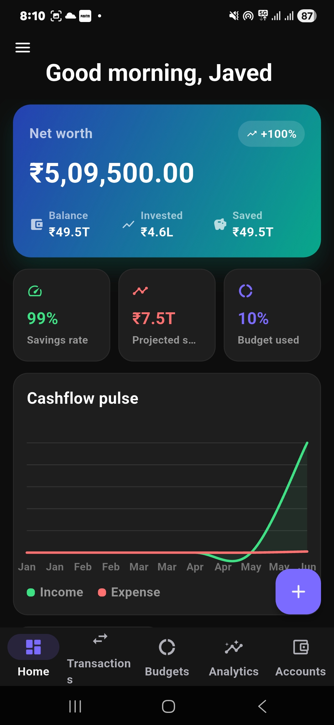 Finzo offline personal finance dashboard with net worth, savings rate, budget usage and cashflow chart