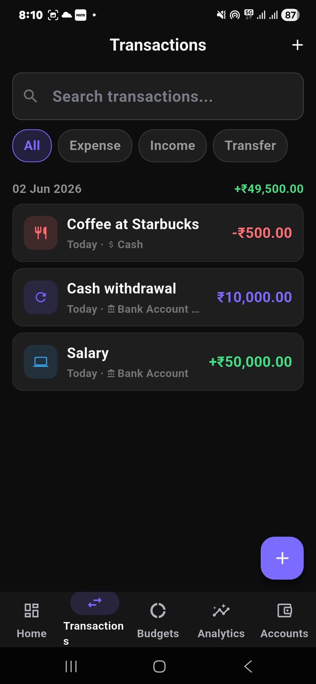 Finzo expense tracker transactions screen with income expense transfer filters and search