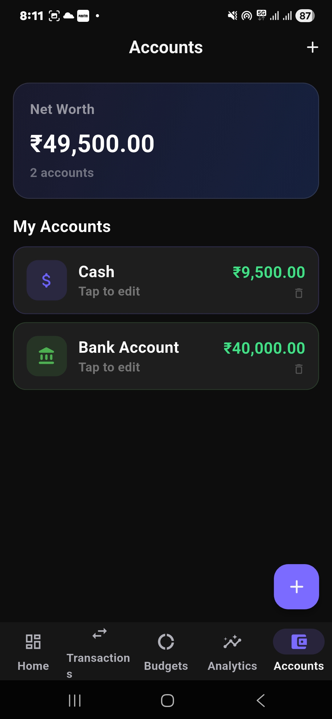 Finzo account balance manager with cash and bank account net worth summary