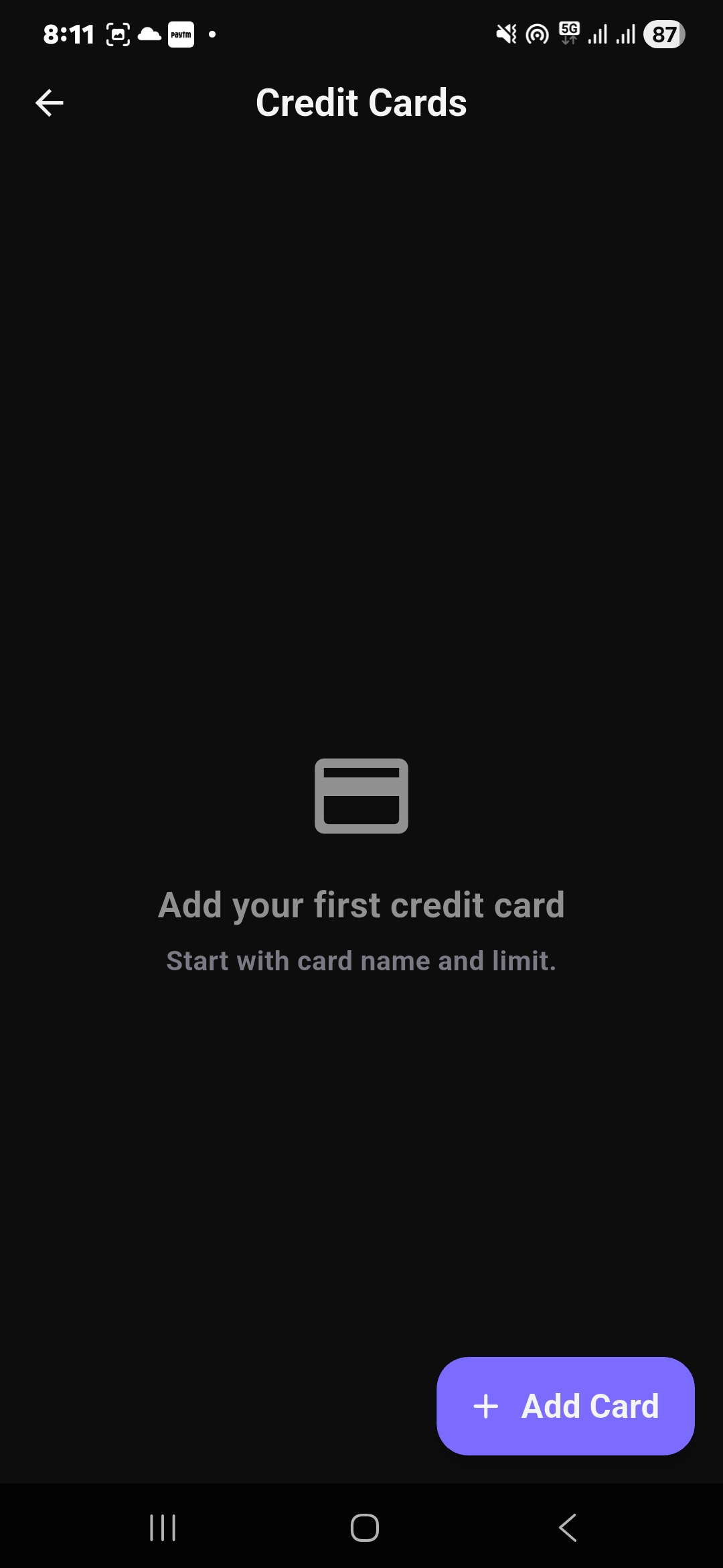 Finzo credit card tracker screen for adding credit card name and limit