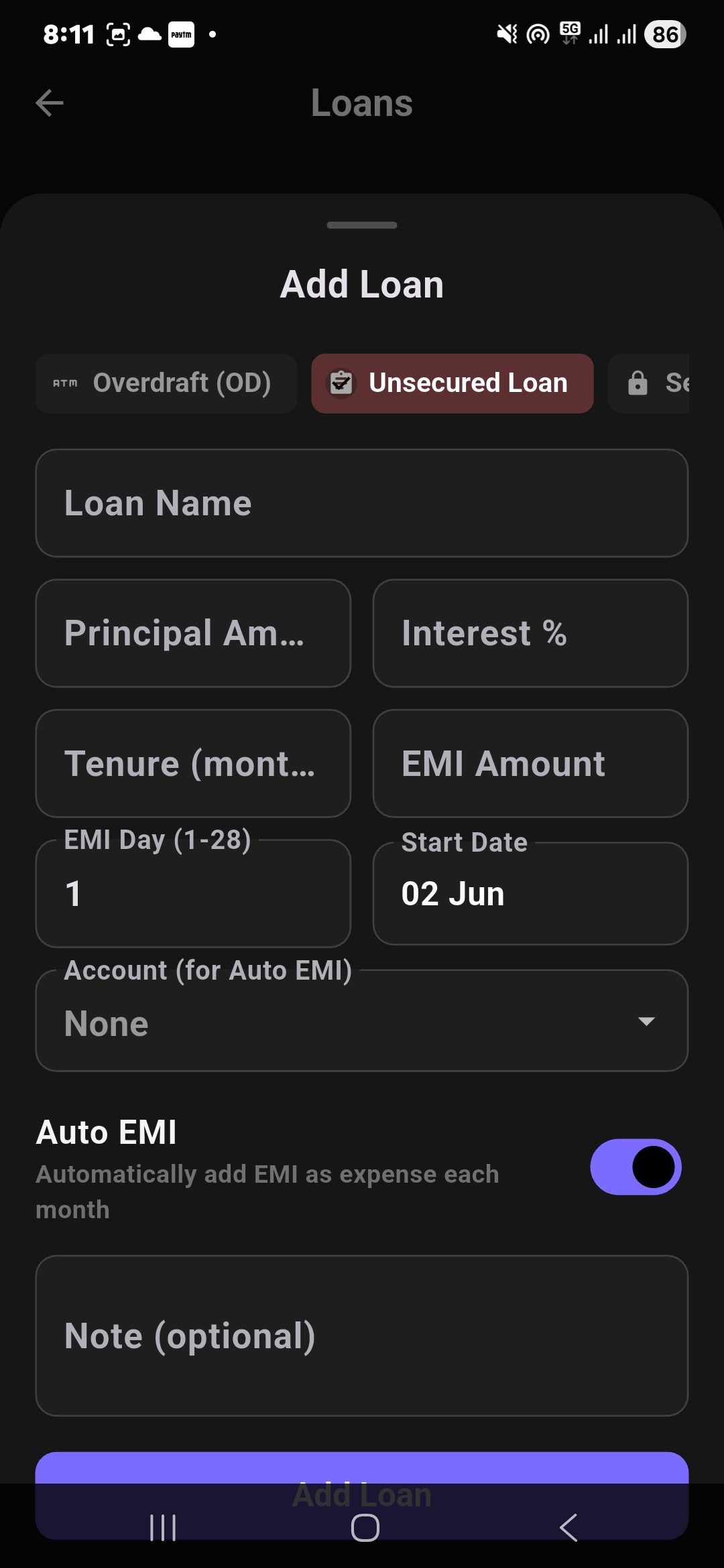 Finzo loan tracker form with principal amount interest tenure EMI auto EMI and account selection