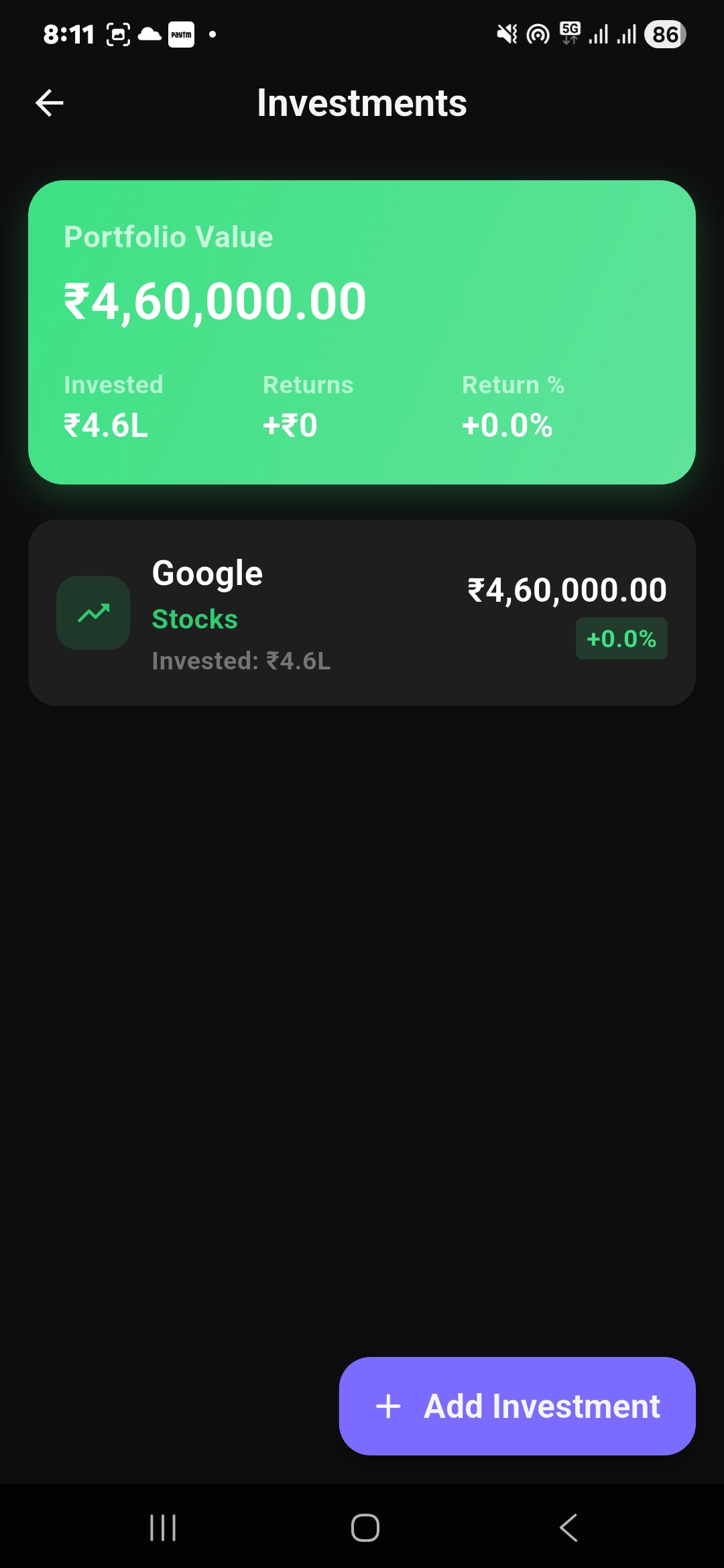 Finzo investment portfolio tracker with portfolio value invested amount and returns