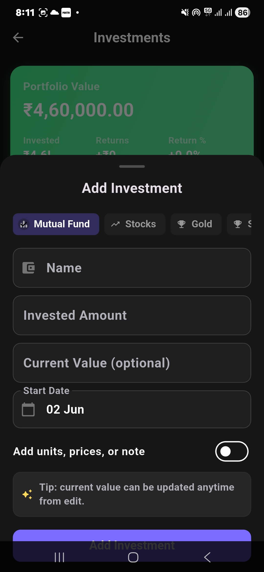 Finzo add investment form for mutual funds stocks gold invested amount current value units prices and notes