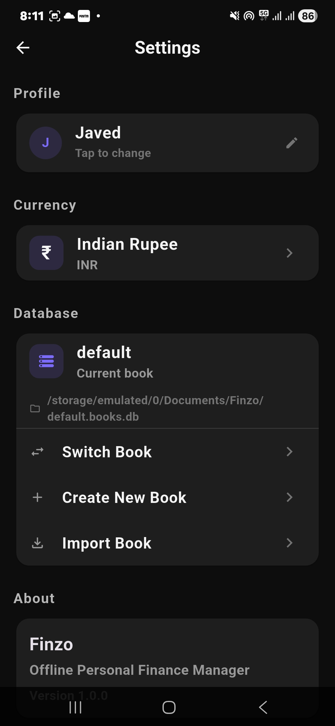 Finzo settings screen with profile currency local database path switch book create book and import book