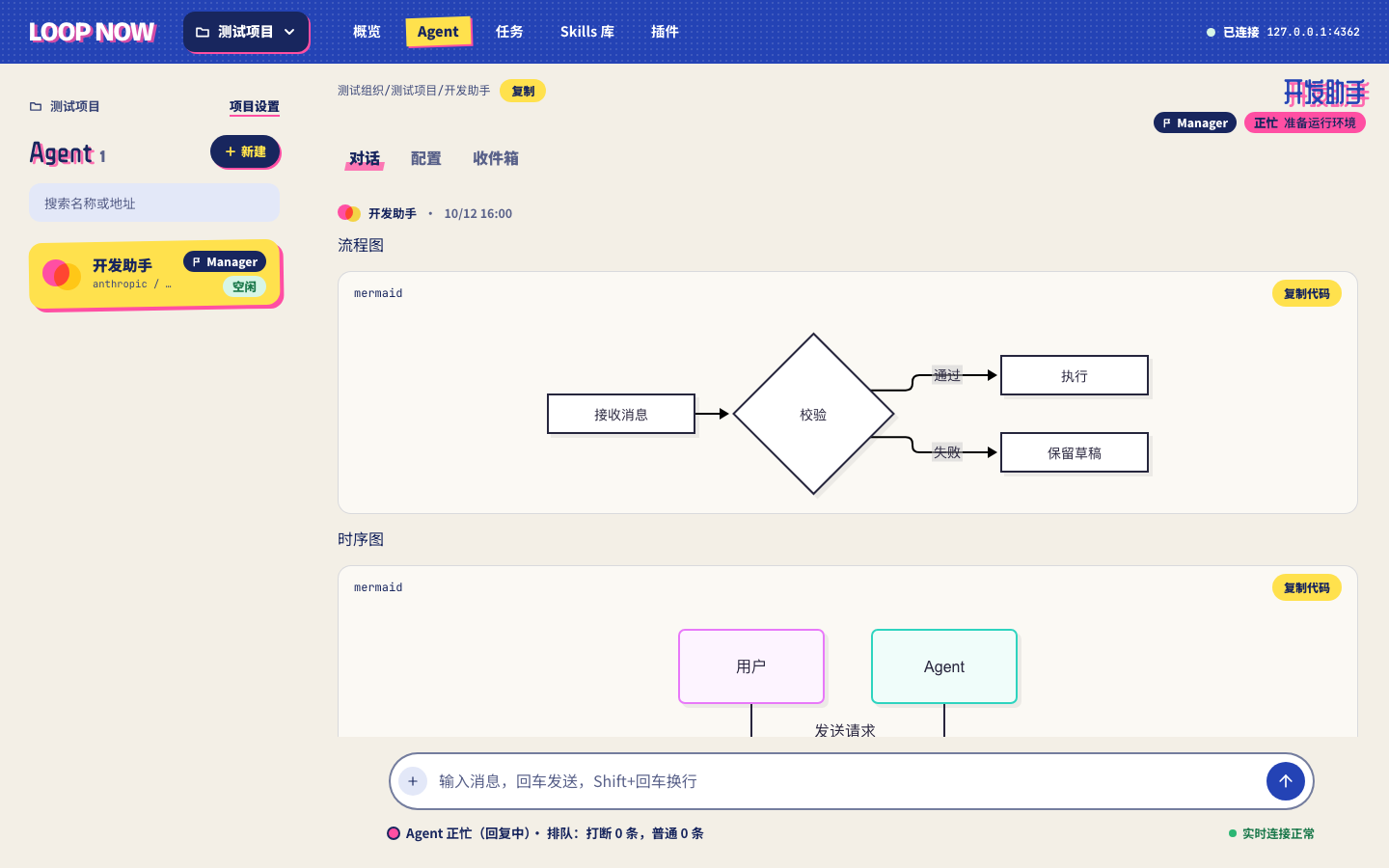 Loop Now console: an agent conversation with rendered diagrams and a compact message composer