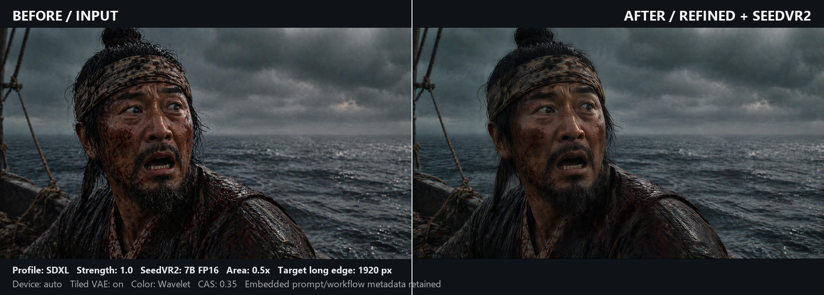 Static photoreal portrait before and after
