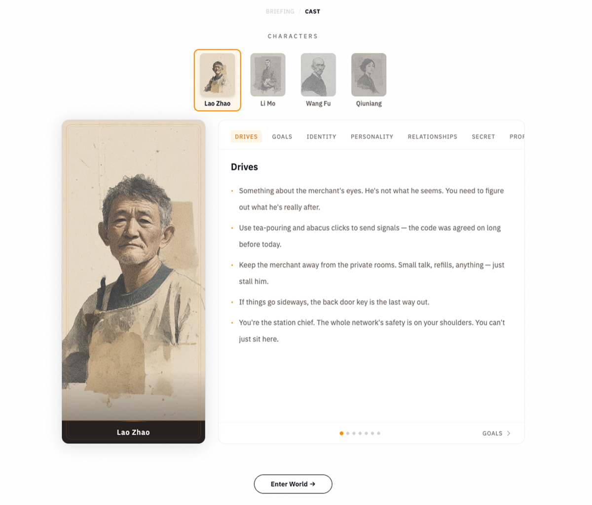 WorldSeed onboarding, character portraits and personality cards