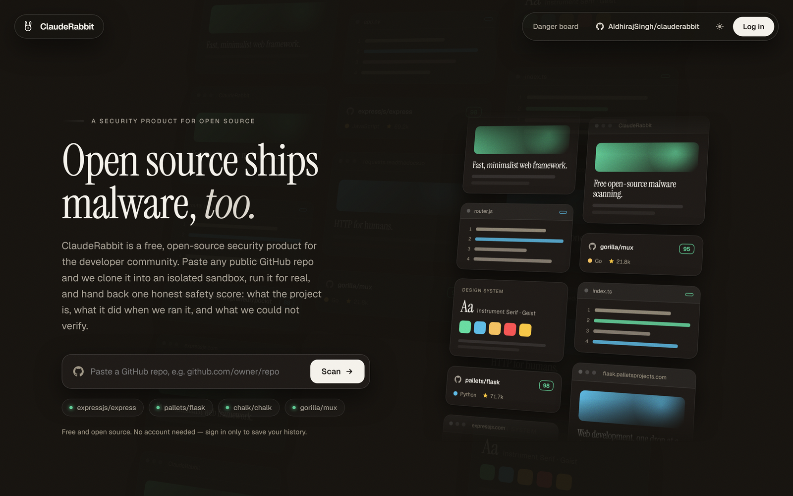 ClaudeRabbit, paste a GitHub repo, get an honest 0–100 safety score