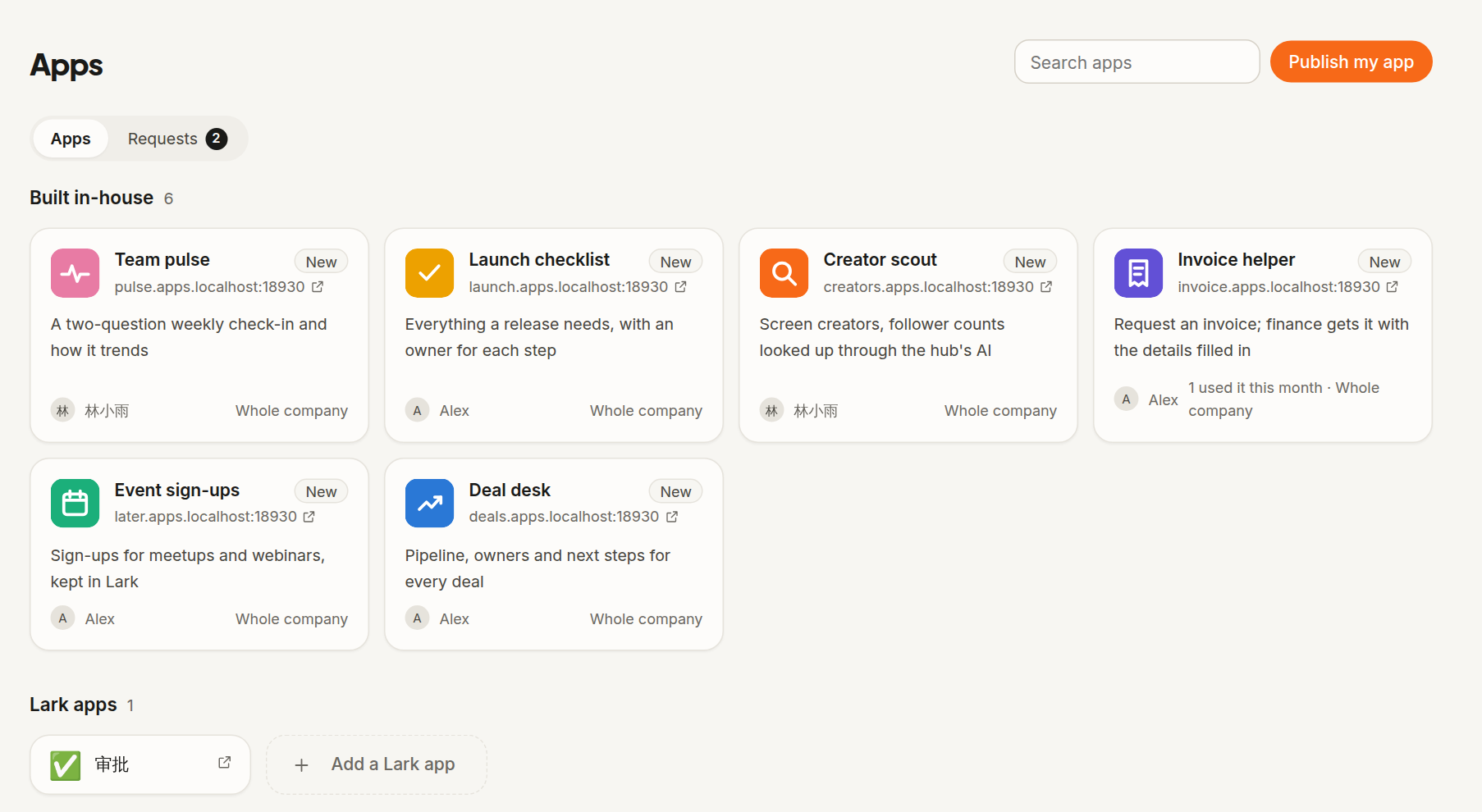 Apps built by people's agents, each on its own subdomain