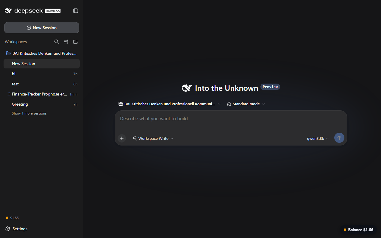 Screenshot: DeepSeek balance pill in the bottom-right corner of the DSH app