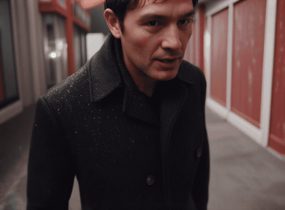 Photorealistic man walking through rain