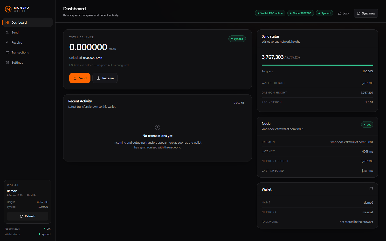 Monero Web Wallet dashboard: balance, sync progress, node status and recent activity