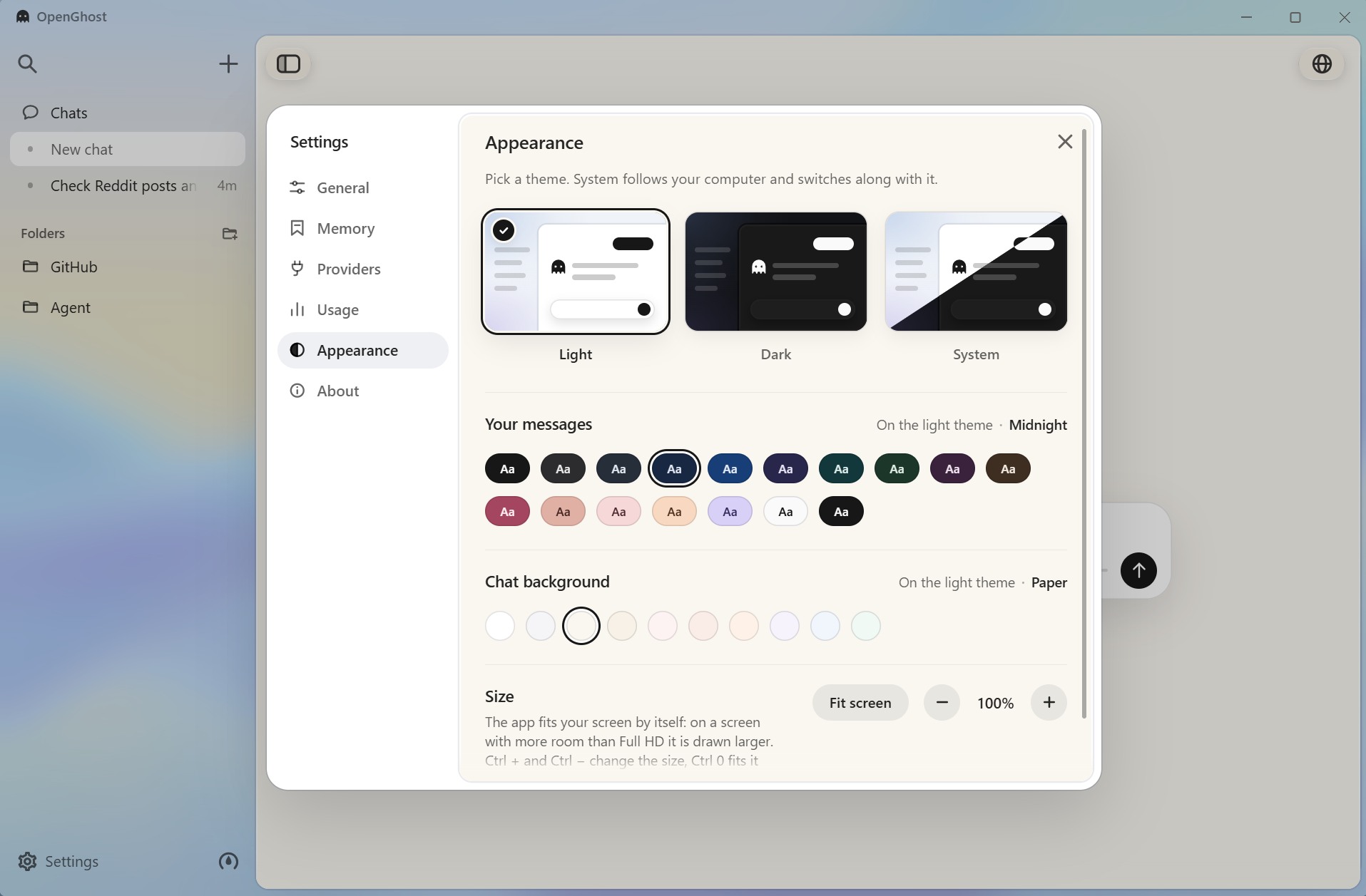 The Appearance page of the settings: themes, message colours and chat backgrounds