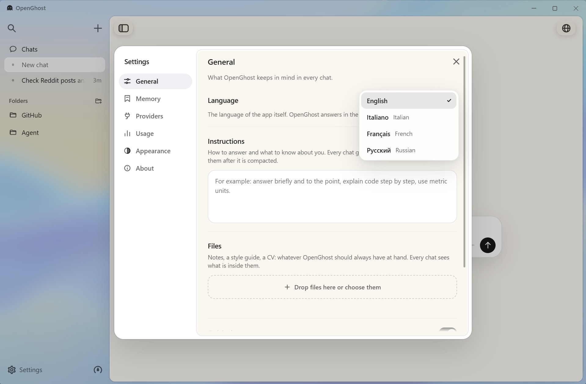 The General page of the settings: the four languages, instructions and files kept for every chat