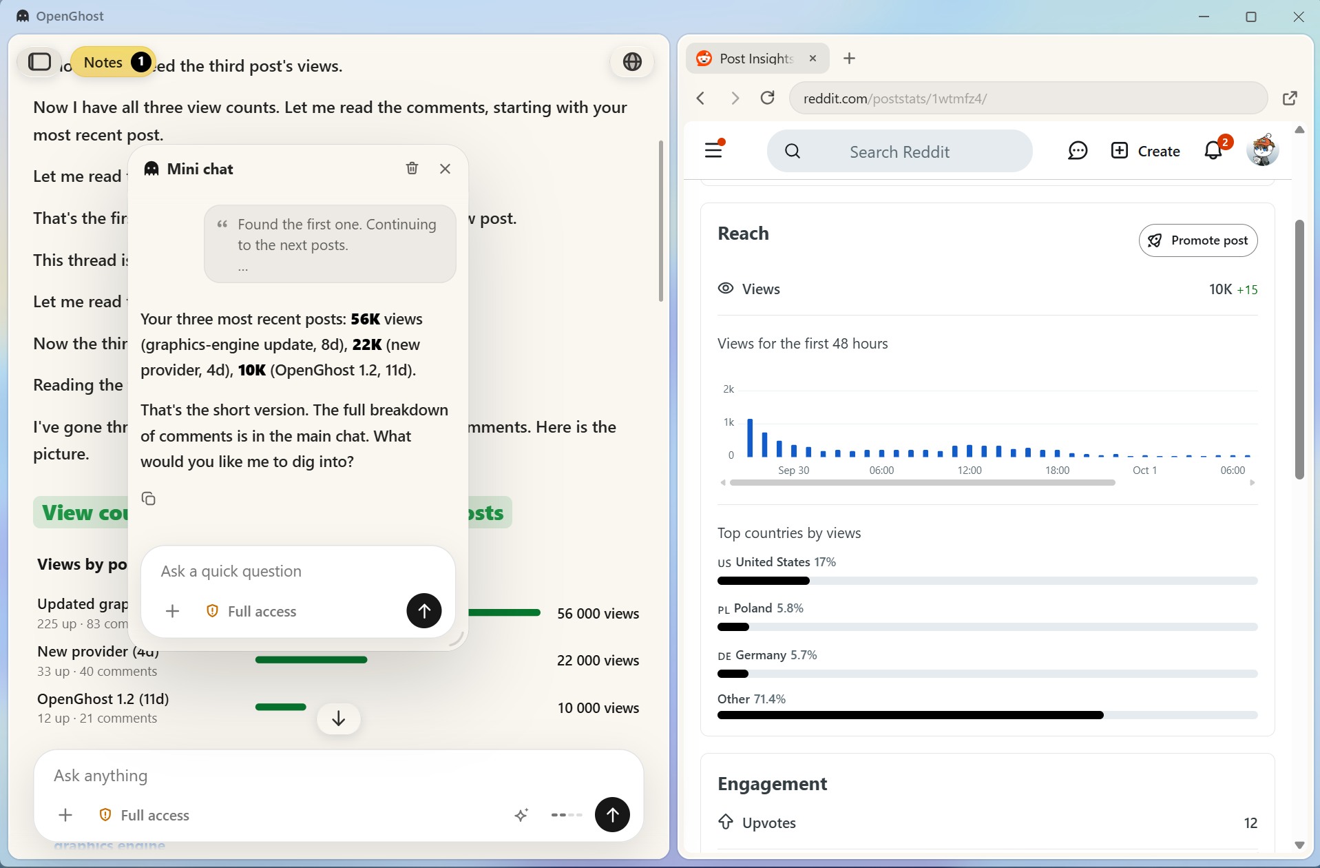 Mini chat over a conversation, the browser beside it