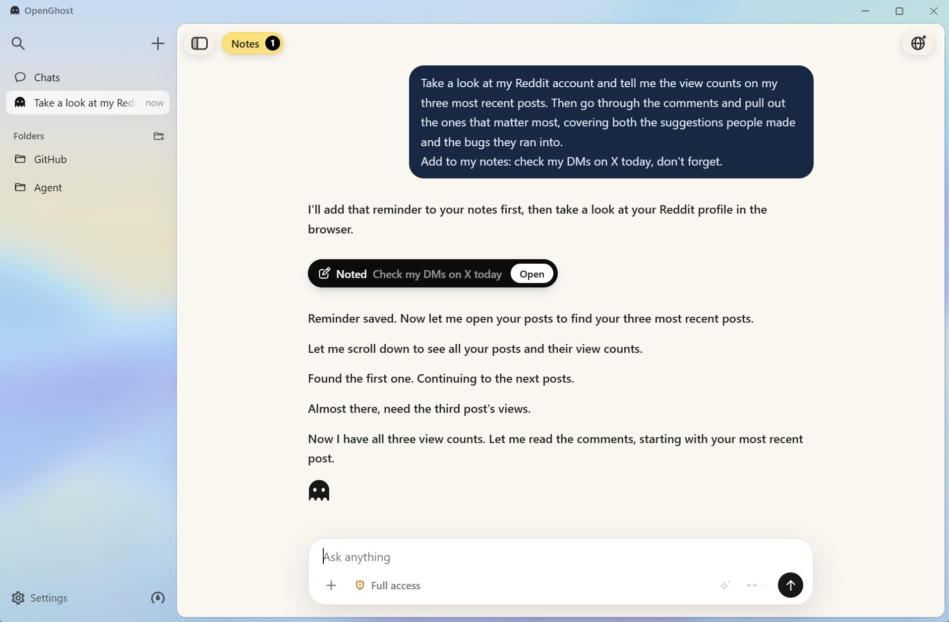 A request about three Reddit posts, and the note the agent wrote down