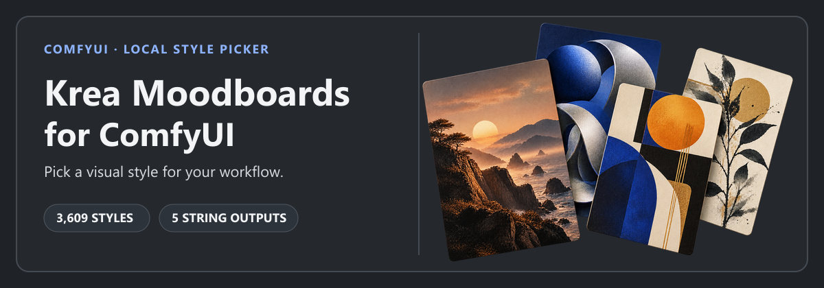 Krea Moodboards for ComfyUI: browse local style references and send prompt guidance into a workflow.