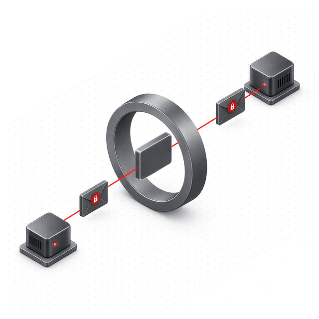 Two daemons exchange a sealed envelope through a hollow hub ring