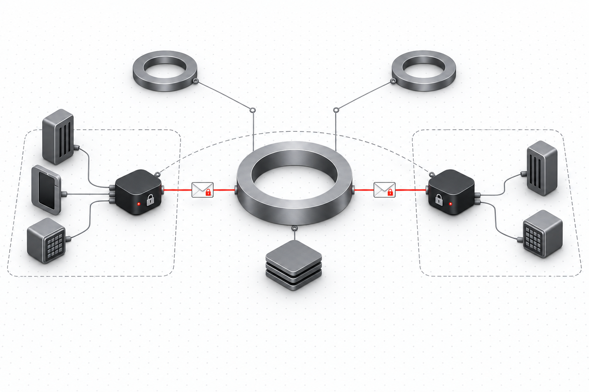 Local agents connect to one anet daemon; sealed envelopes pass through a hub that cannot open them to the peer's daemon; hubs federate