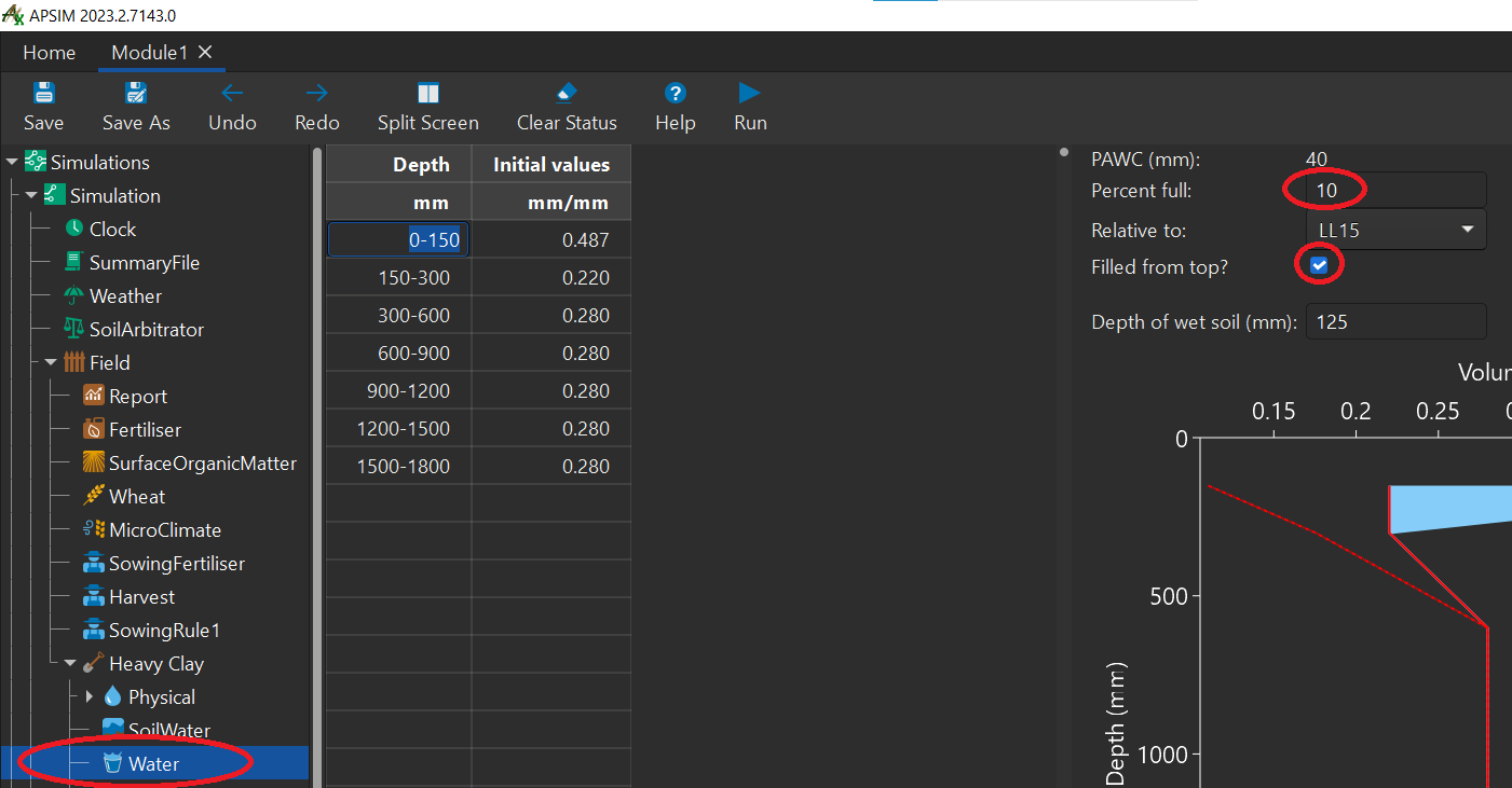 Setting starting water settings
