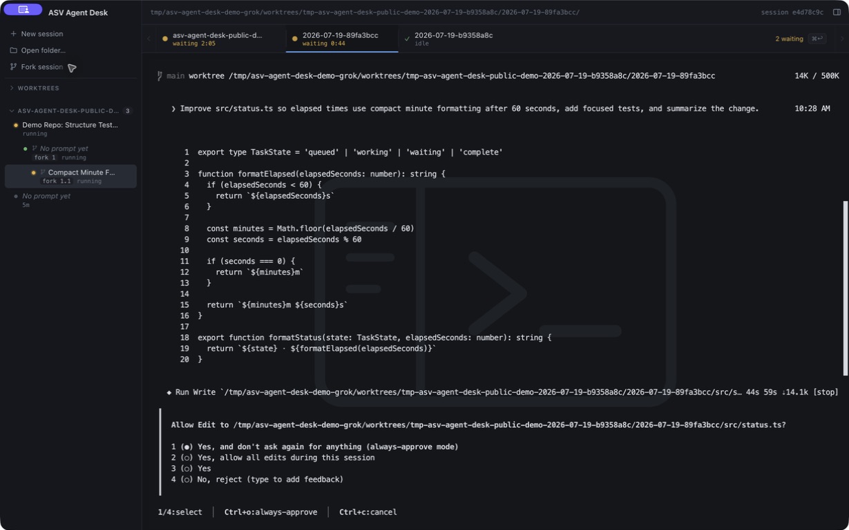 ASV Agent Desk showing concurrent Grok Build sessions, attention state, and a repository diff
