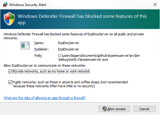 Windows Defender Firewall Permission Dialogue