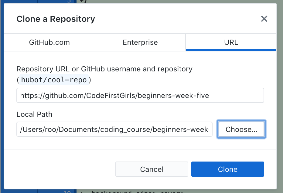 Example of how to clone into folder using github desktop